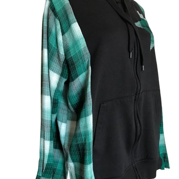 Upcycled Patchwork Jacket, M-L: Flannel Hoodie Sweatshirt, Green Plaid, Star - Picture 5 of 11